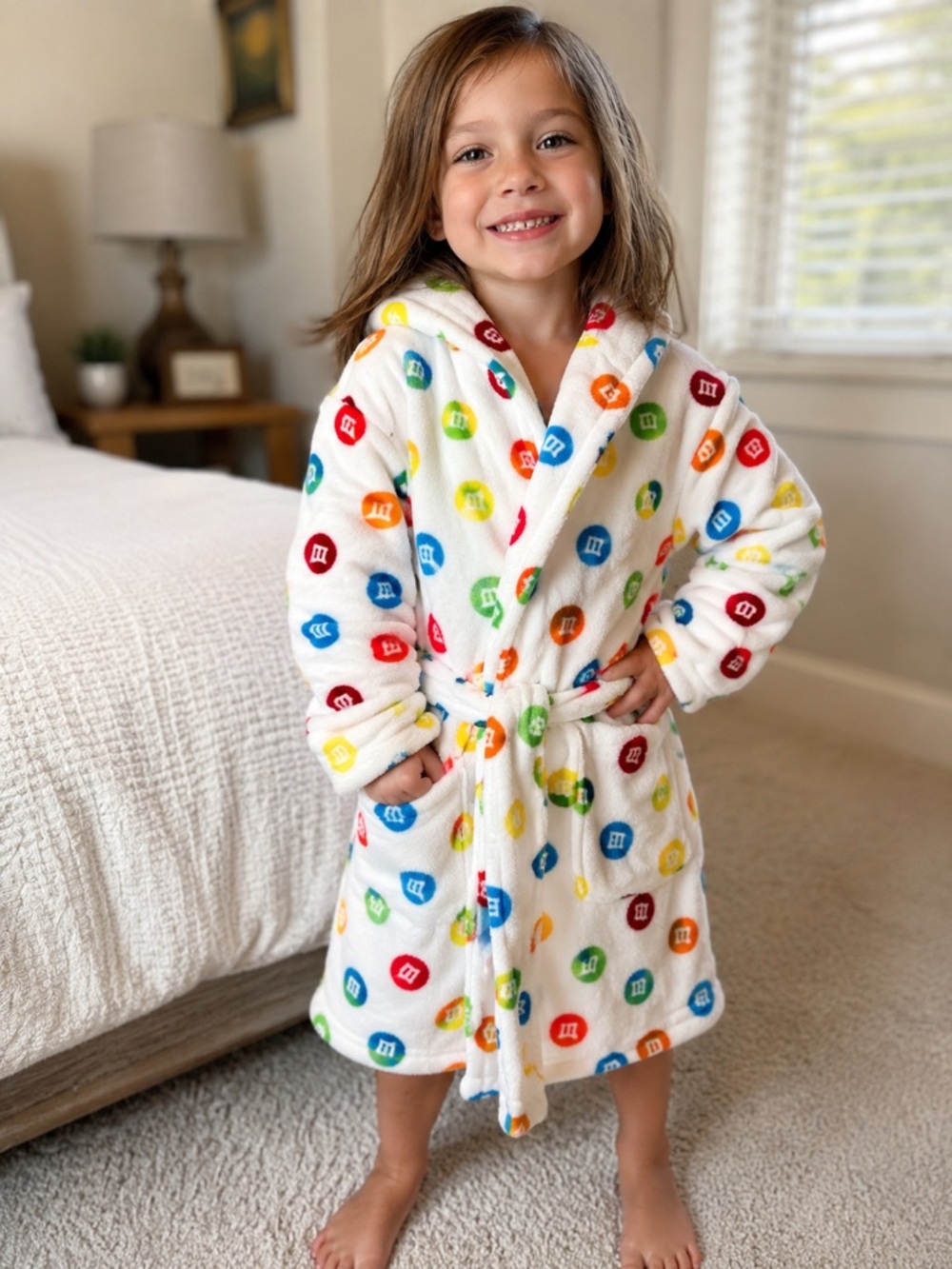M&M'S White Plush Hooded Kids Robe with Red, Yellow, Green, Blue & Orange Dots